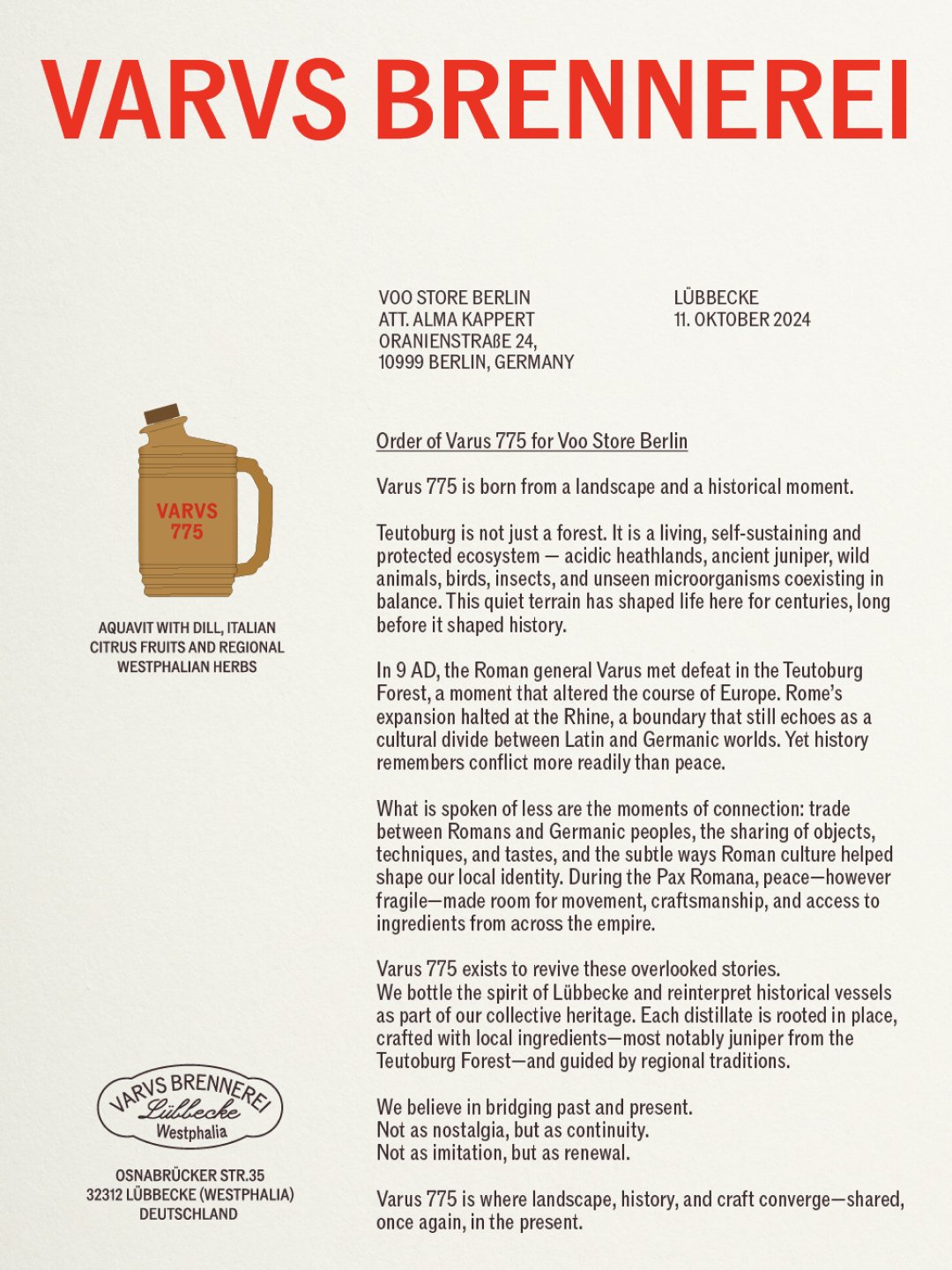 Printed product information sheet with red heading and small bottle illustration, Varus 775 by Olssøn Barbieri, Lübbecke, Olssøn Barbieri / Varus Brennerei, Lübbecke, Germany